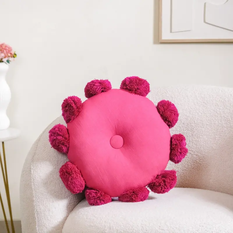 Pink Pom-Pom Throw Pillow – Circular Design, 17" 1