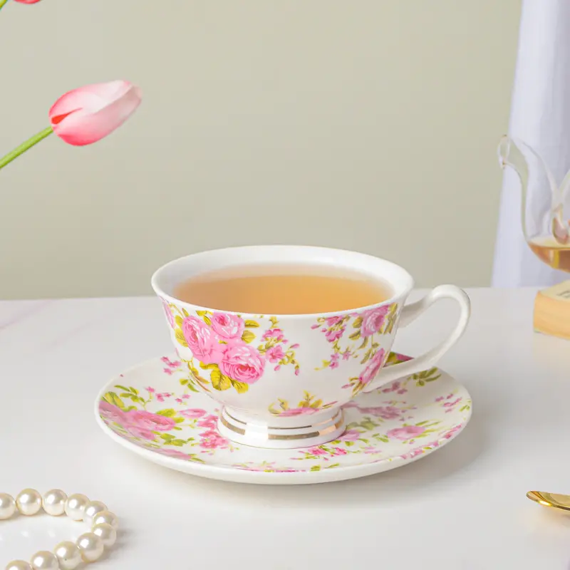 Pink Rose Ceramic Cup And Saucer Set – 150 Ml Tea Or Espresso Pair 1