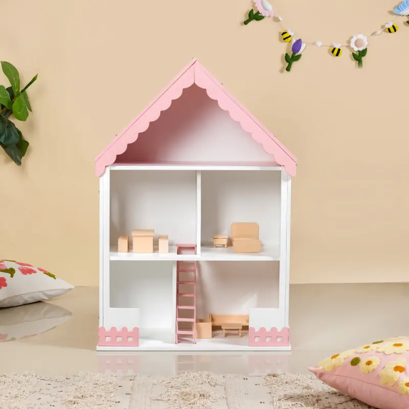 Pink Wooden Dollhouse Featuring Complete Furniture Collection 1