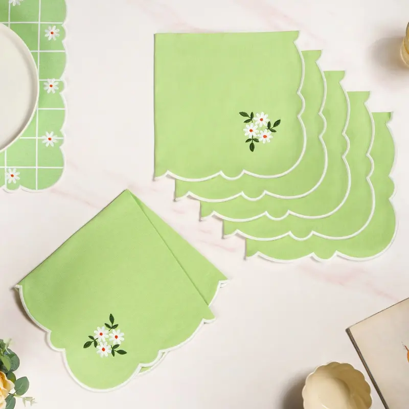 Pistachio Green Embroidered Table Napkins – Six-Piece Cotton Set 1