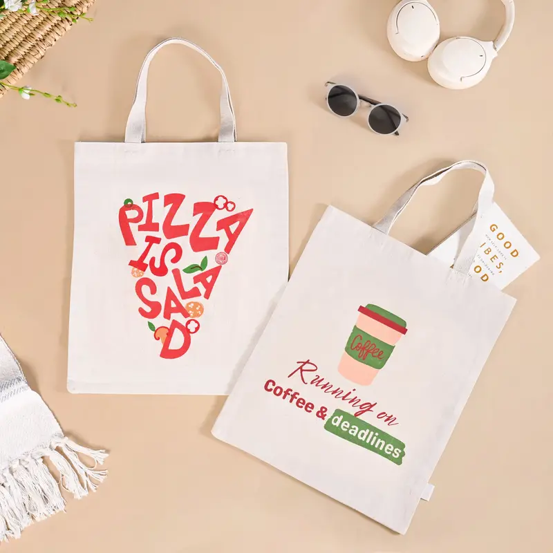 Pizza & Coffee Themed Reusable Canvas Tote Bag Set – 2-Pack 1