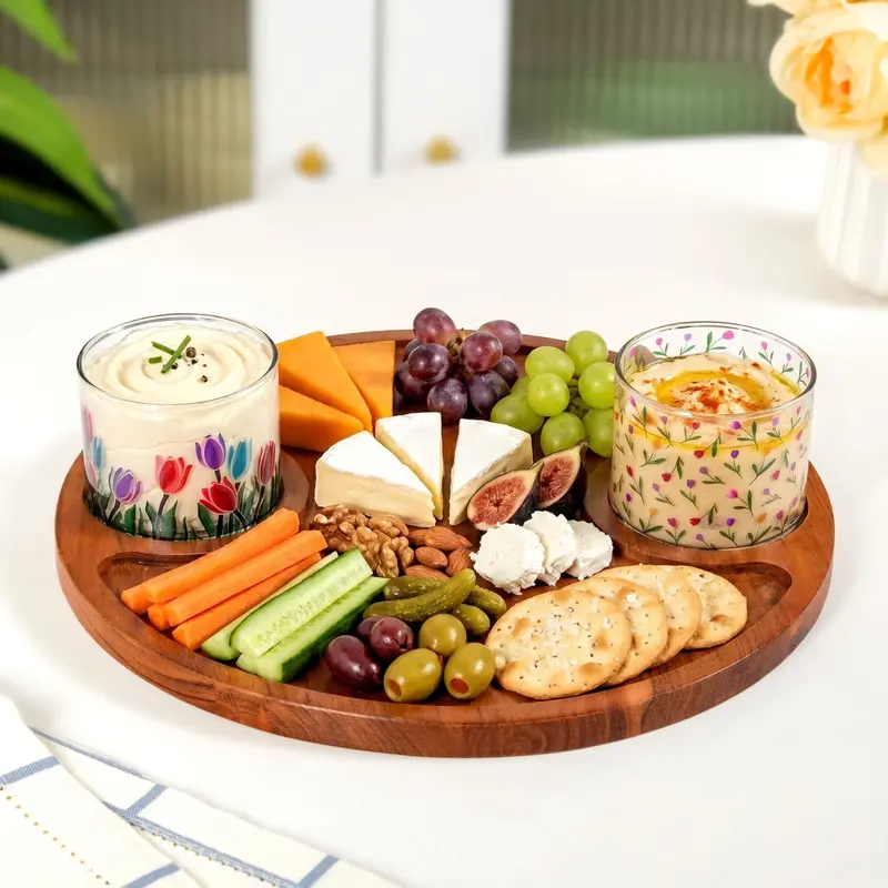 Platterazzi Floral Acacia Wood Serving Tray With Matching Glass Bowls (3-Piece) 1
