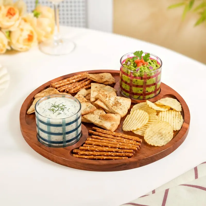 Platterazzi Three-Piece Round Serving Platter Set With Checkered Bowls 1