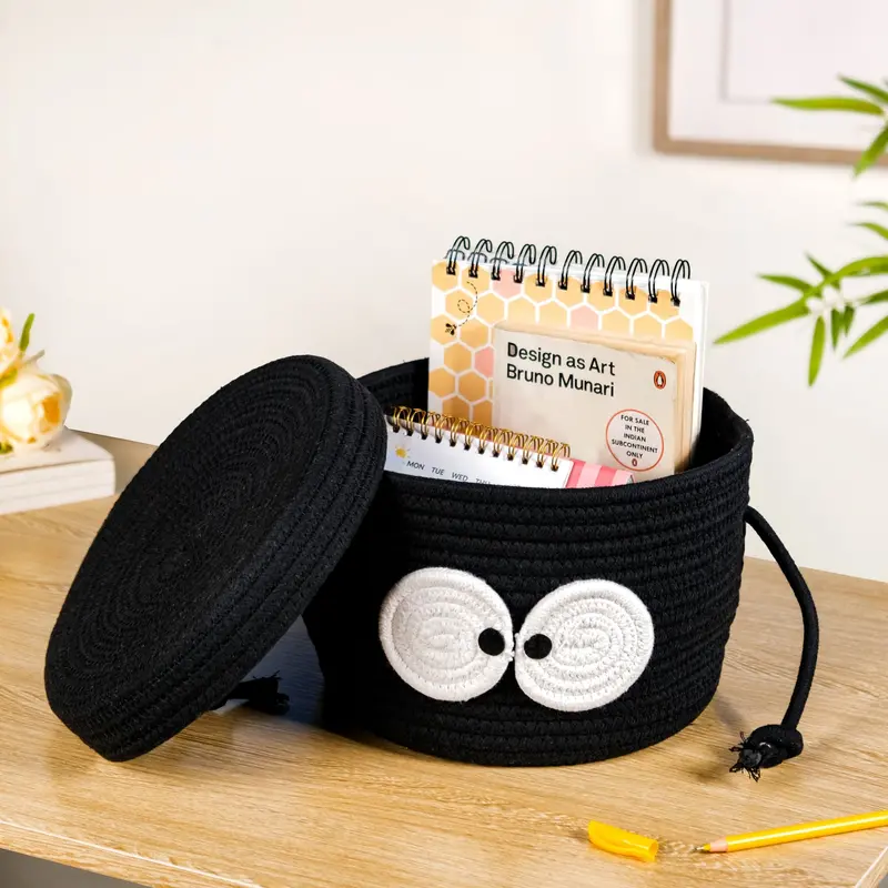 Playful Googly-Eye Black Lidded Storage Basket – 17 Cm 1