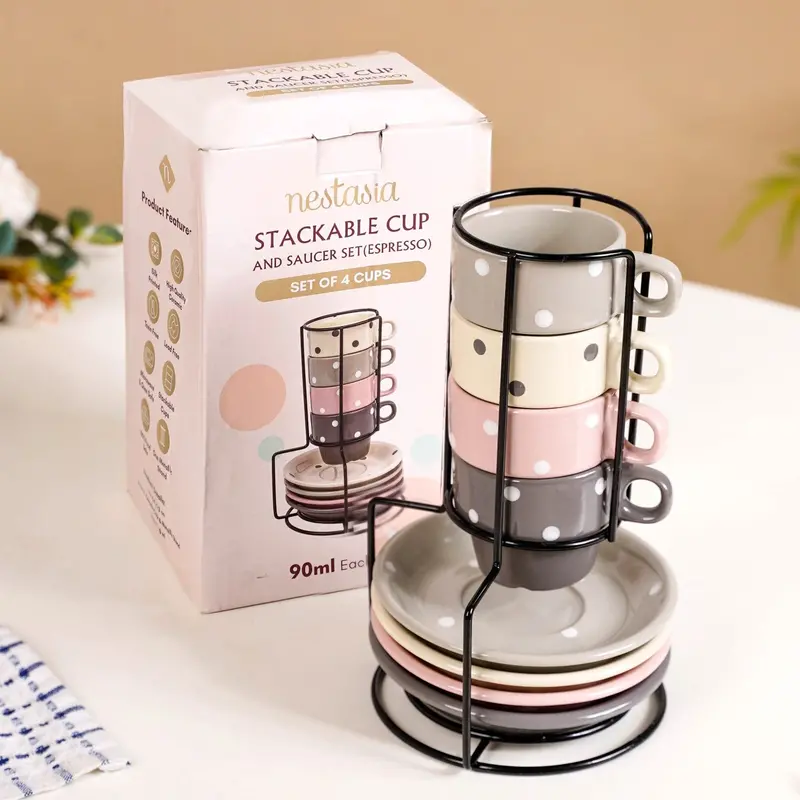 Polka Dot Stackable Ceramic Tea Cup Set – 4 Pcs With Saucers, 90Ml 1