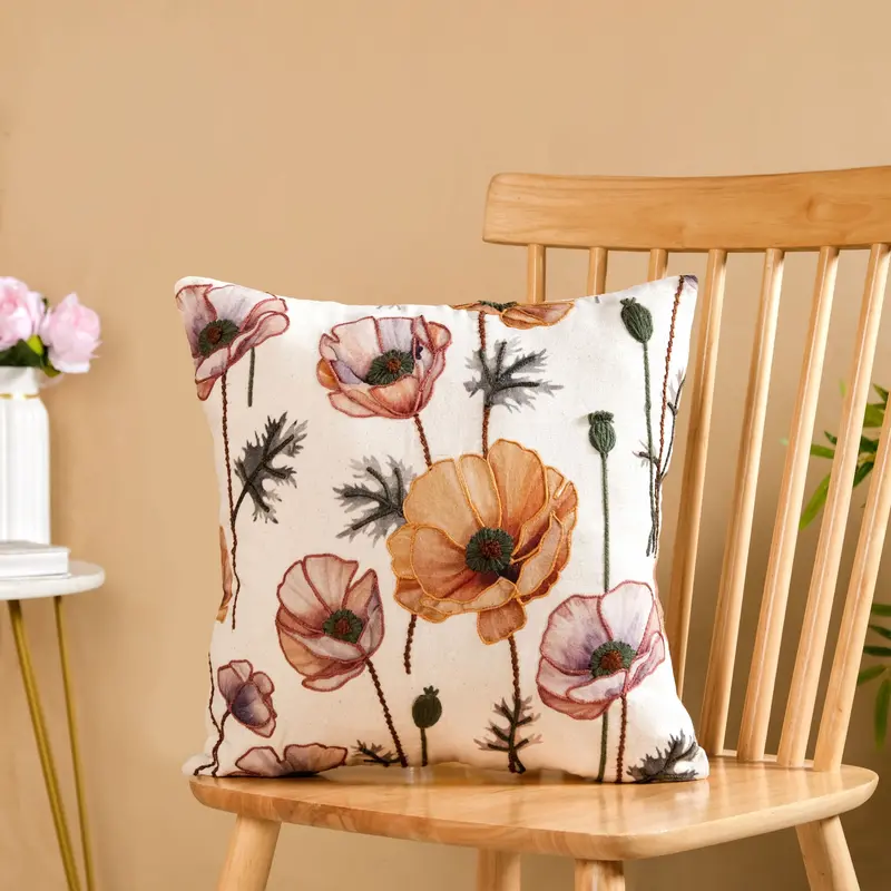 Poppy-Flower Embroidered Cotton Pillow Cover – 40X40Cm 1