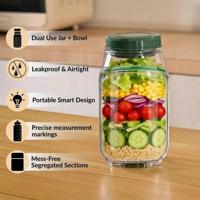 Portable 2-In-1 Salad Jar And Bowl System – 1200Ml Leakproof Design With Matching Cup 1