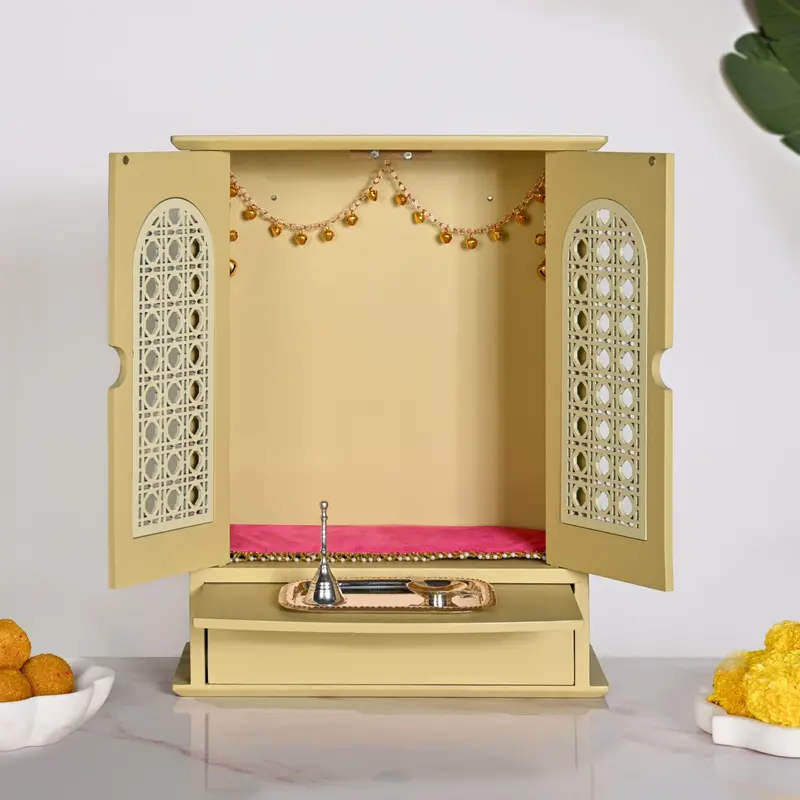 Prarthana Medium Puja Mandir With Ghungroo Chain, Diya, Ghanti, Aasan & Thali 1
