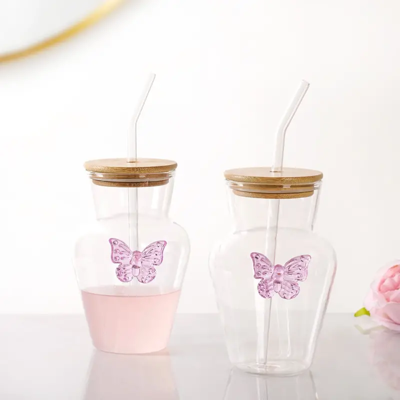 Premium 500Ml Borosilicate Butterfly Tumbler Set (2) With Straw 1
