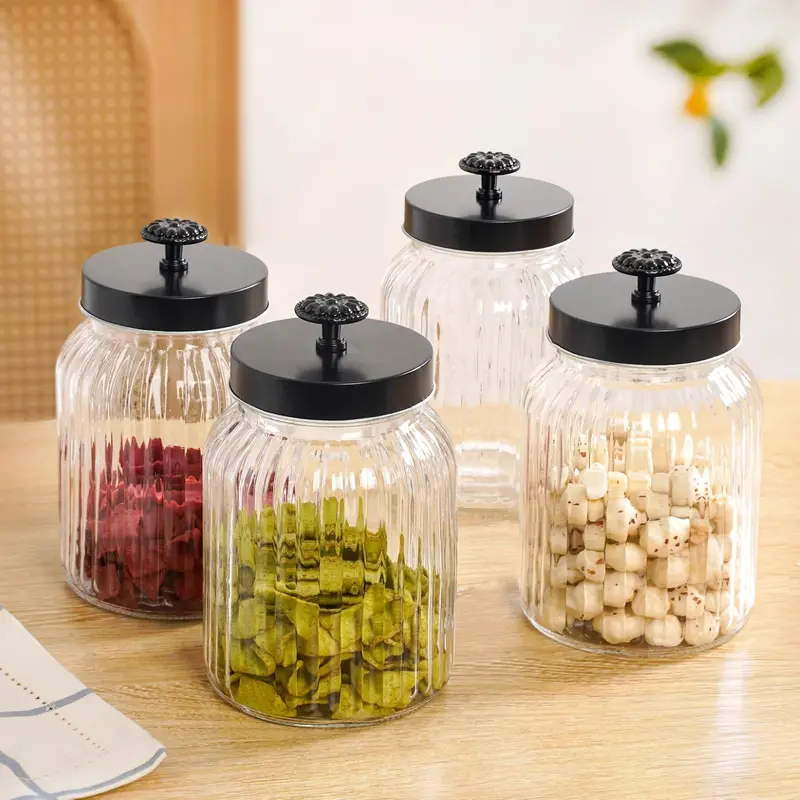 Premium Matte Black Fluted Jars With Floral Accent Lids – Set Of 4, 1L 1