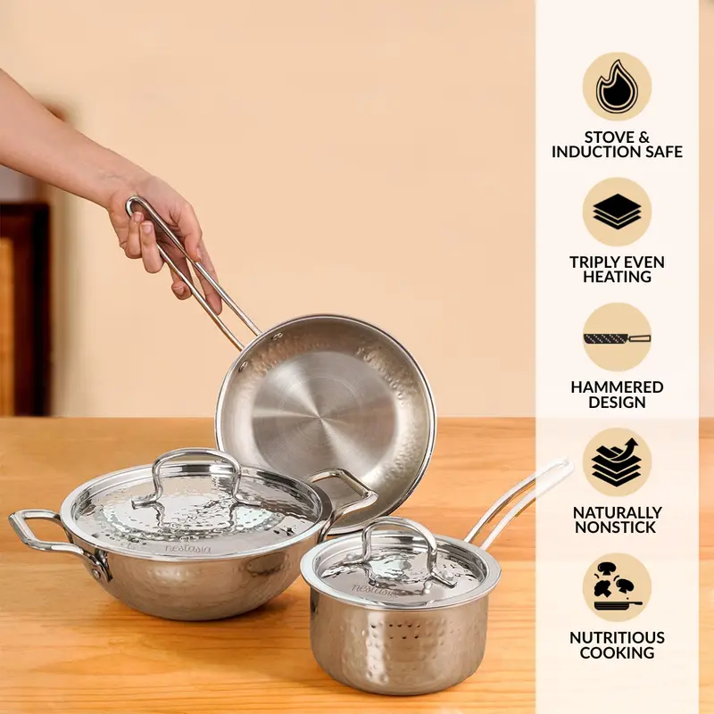 Premium Triply Hammered Stainless Steel Set: Frying Pan, Kadai & Saucepan With Lids 1