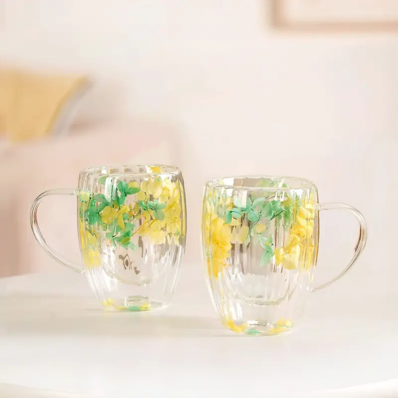 Pressed Green Flower Double-Walled Ceramic Mug Set (2 Pcs, 350Ml) 1