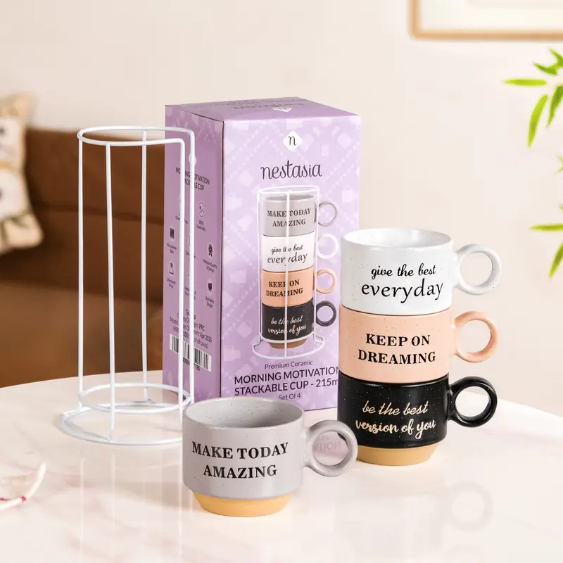 Productivity-Themed Stackable Ceramic Mugs (4 Pcs, 215Ml) 1