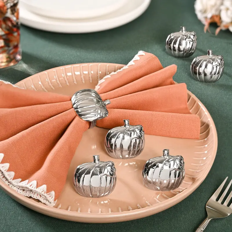 Pumpkin-Design Brass Napkin Rings – Festive Silver-Finished Set Of Six 1