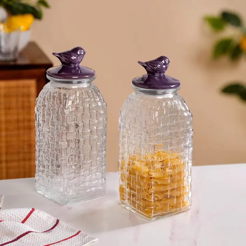 Purple Bird-Lid Basket-Weave Glass Jars – 2-Piece Large Storage Set (2000Ml Each) 1