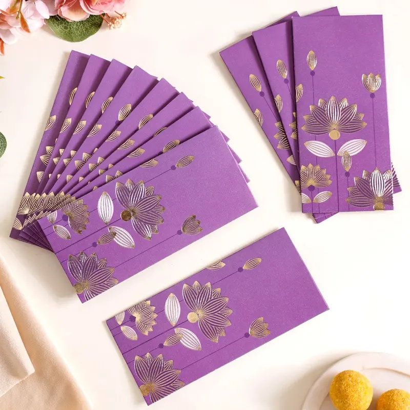 Purple Gold Lotus Shagun Envelopes – Elegant Set Of 12 1