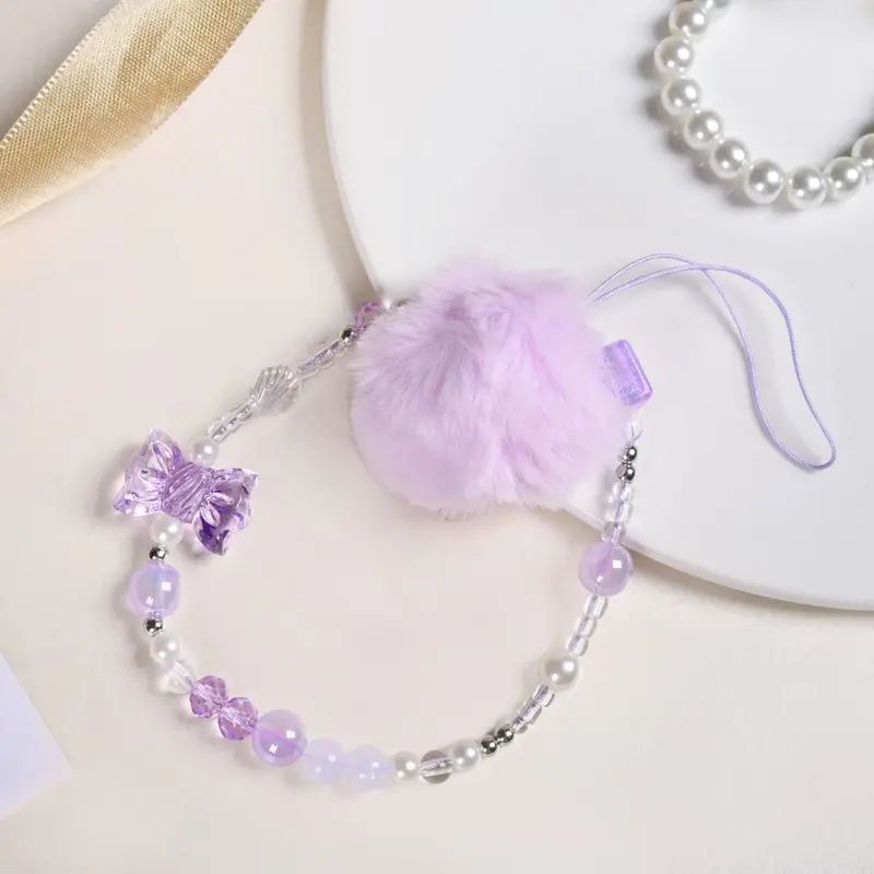Purple Puff Pom Pom Phone Charm Strap – Textured & Trendy 1