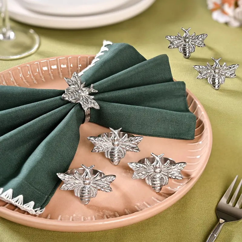 Queen Bee Brass Napkin Holder – Ornamental Silver-Toned Set Of Six 1