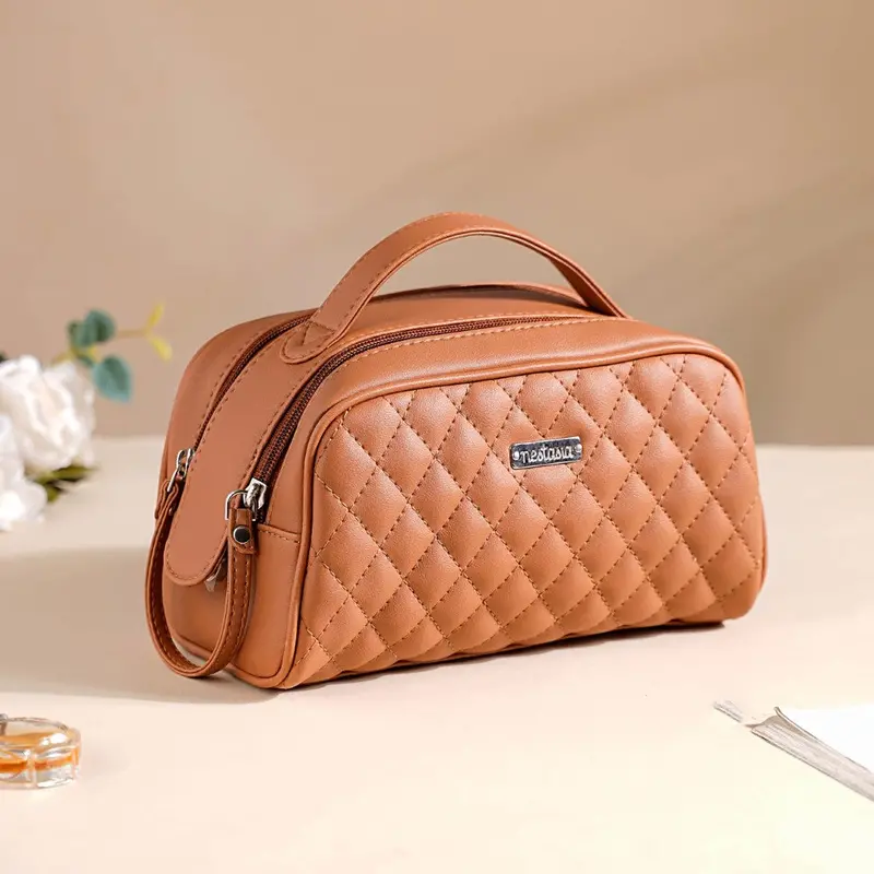 Quilted Multipurpose Vanity Pouch In Brown 1