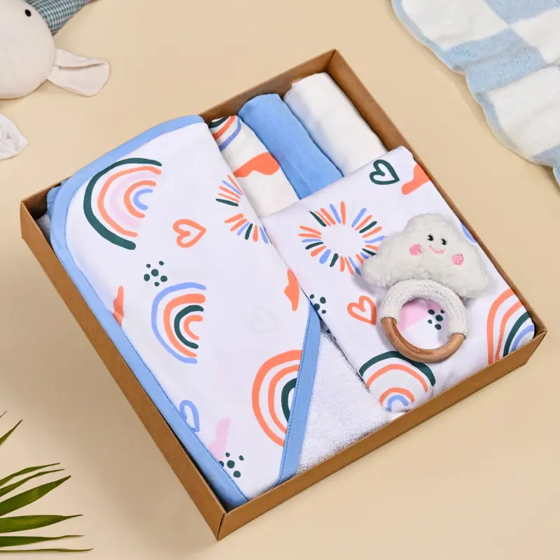 Rainbow-Themed Toddler Welcome Hamper – Swaddle, Towel, Napkin & Rattle (6-Piece) 1