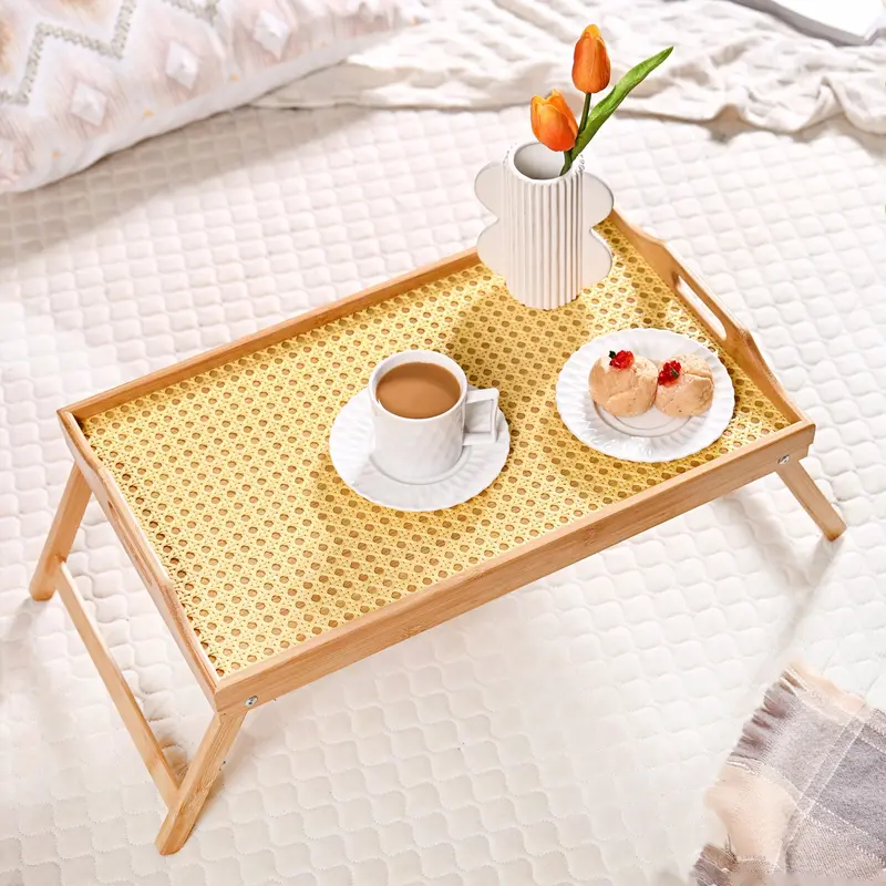 Rattan-Inlaid Foldable Wooden Table 1