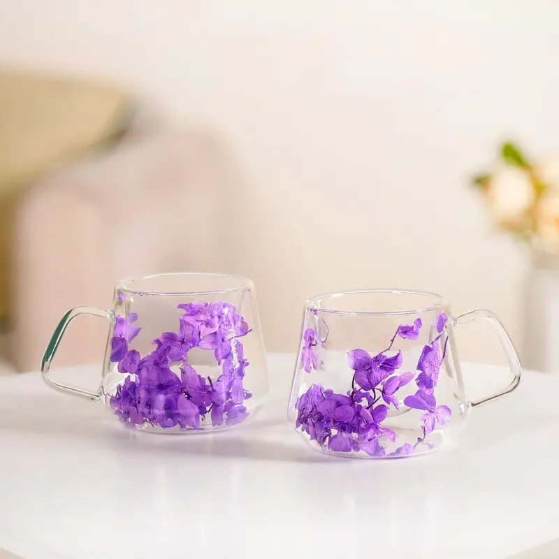 Real Pressed Flower Double-Walled Coffee Mug Set (2 Pcs, 180Ml) 1