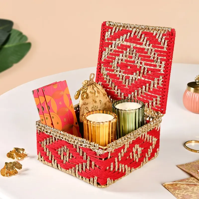 Red-And-Gold Handcrafted Festive Basket – Traditional-Inspired Woven Hamper For Holidays 1