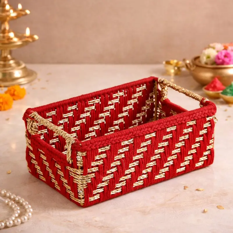 Red-And-Gold Handwoven Gift Basket With Handles – Vibrant Festive Hamper For Celebratory Gifting 1