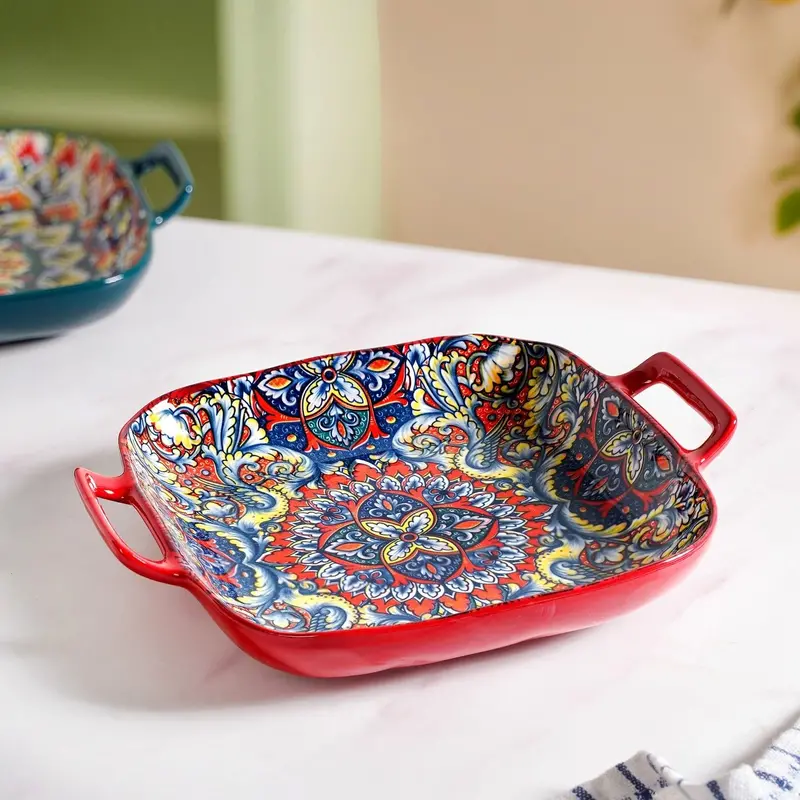 Red Mandala Decorative Serving Platter With Comfort Grip Handle 1
