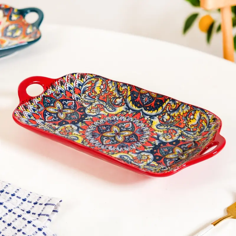 Red Mandala-Inspired Long Platter Dish In Ceramic Or Stoneware 1