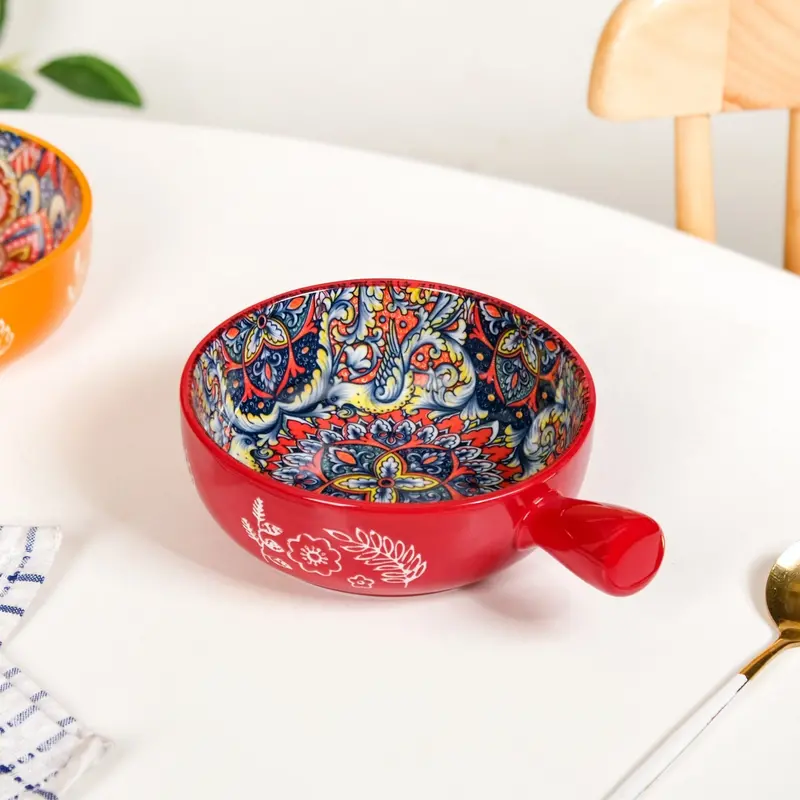 Red Mandala Melange Ceramic Bowl With Handle – 600Ml 1