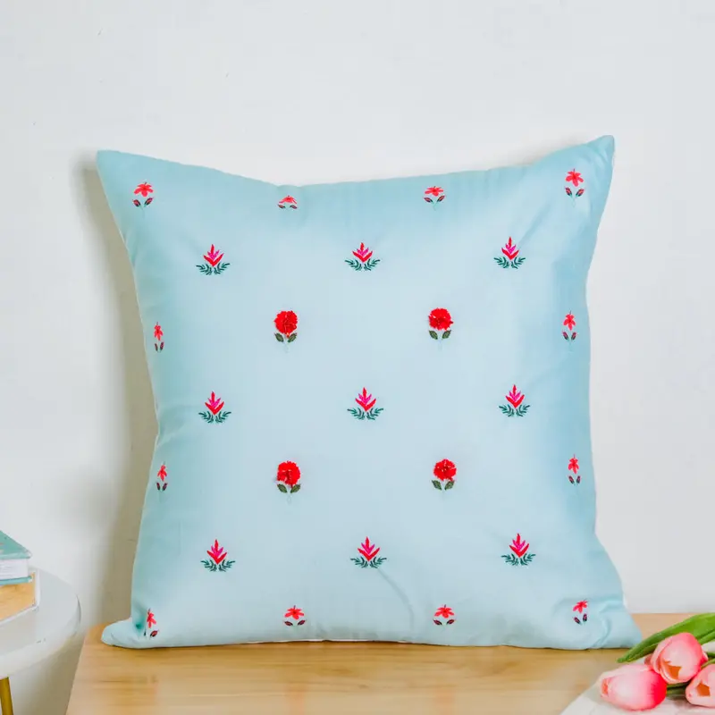 Red Orchid Hand-Embroidered Velvet Cushion Cover – 16 Inches 1