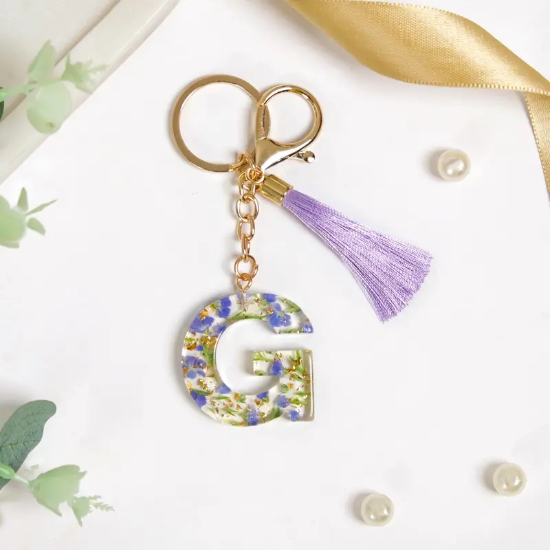 Resin Art G Initial Keychain With Botanical Accents 1