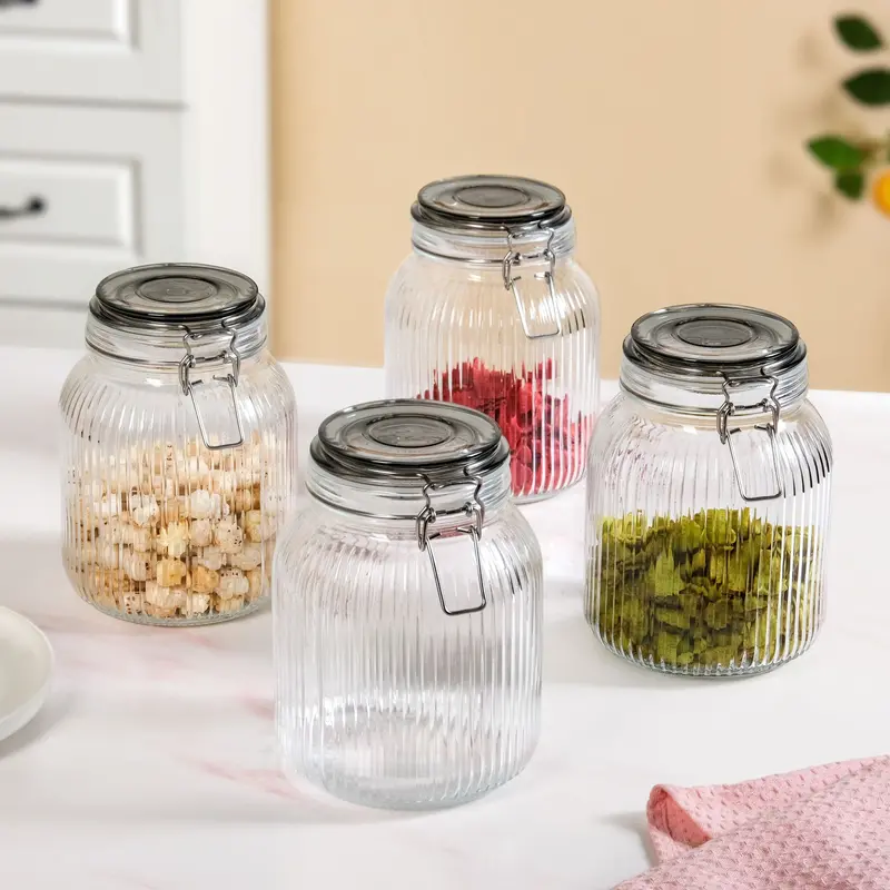 Ribbed Glass Clip-Lock Storage Jars – Set Of 4, 1.45L Capacity 1