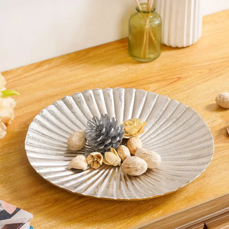 Ribbed Texture 29Cm Silver Platter – Modern Metallic Serving Tray 1