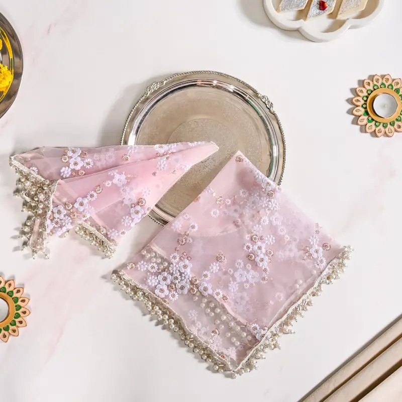 Rose Embroidered Pooja Thali Cover – 2-Pack Sacred Ceremony Accessory 1