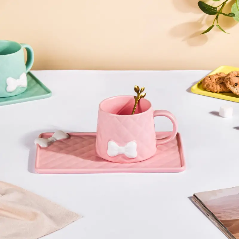 Rose-Tone Bow-Embellished Ceramic Cup With Rectangular Plate – 260Ml 1