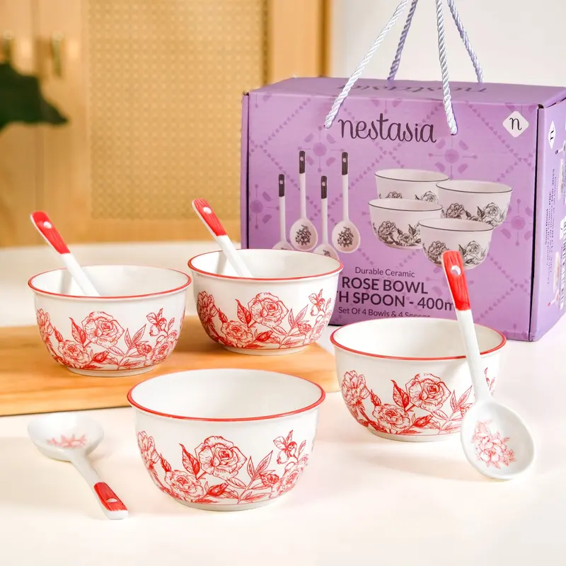 Rosetta Ceramic Bowl And Spoon Set – 4-Piece, 400Ml Capacity 1