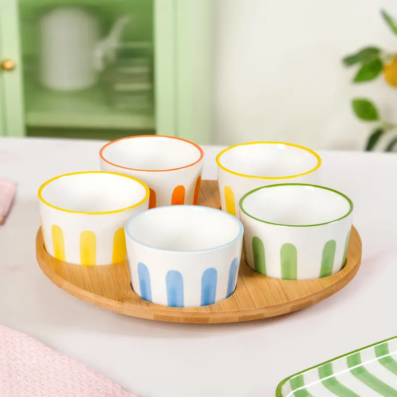 Rotating Carnival Stripe Lazy Susan With Ceramic Bowls (6-Piece) 1