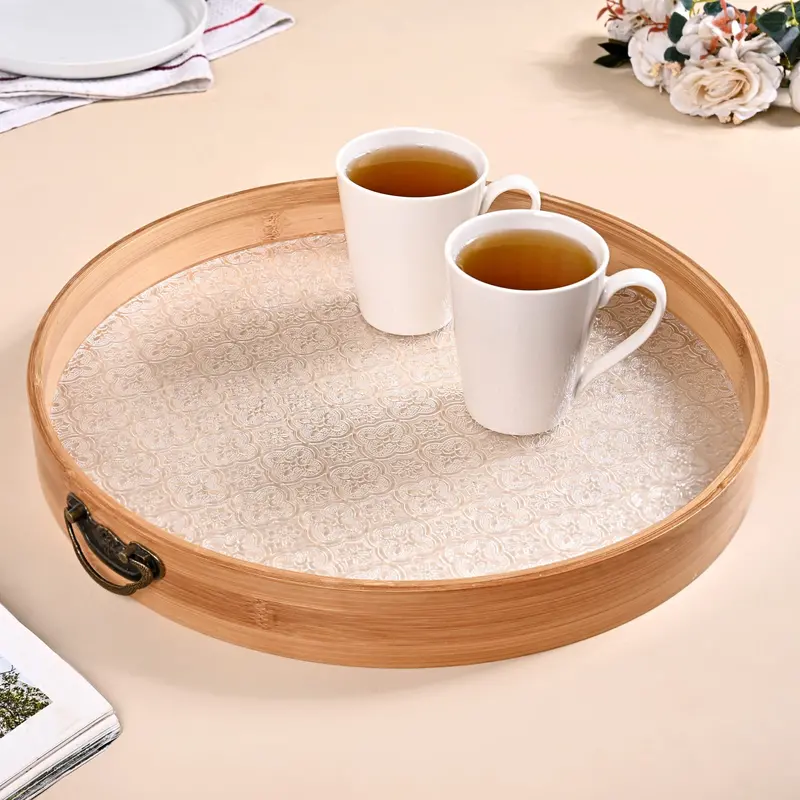 Round Serving Tray: Embossed Acrylic Base + Bamboo Rim 1