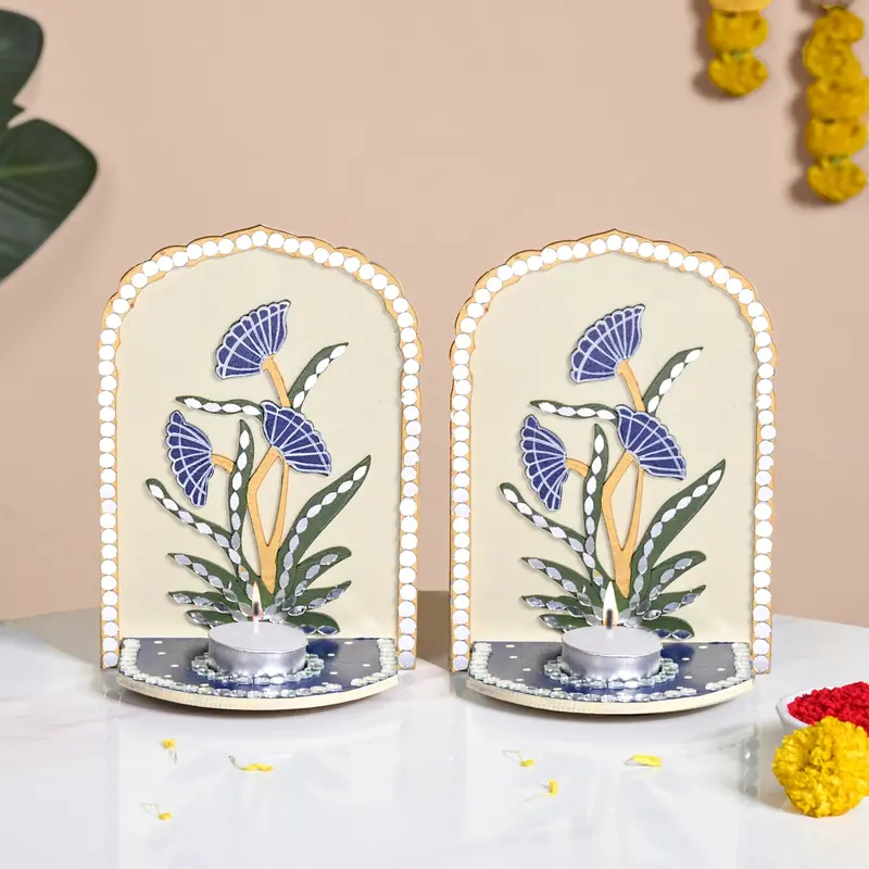 Royal Blue Mirrorwork Lippan Wall Tealight Holder Set Of 2 1