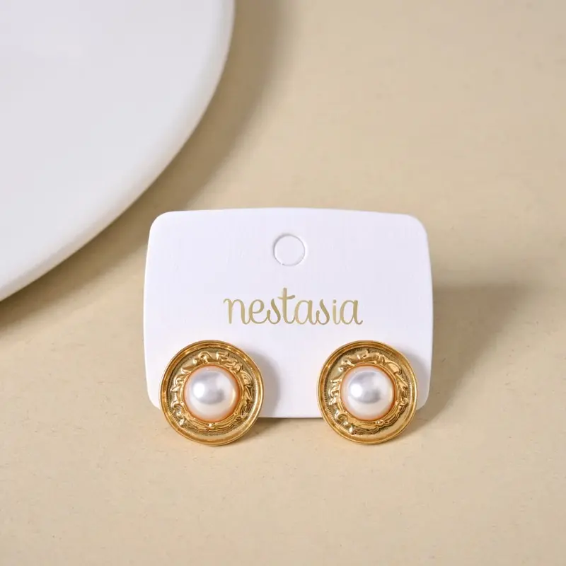 Royal Gold Embossed Stud Earrings With Pearl Centerpiece 1