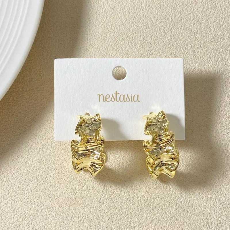 Ruched J-Hoop Gold Earrings 1