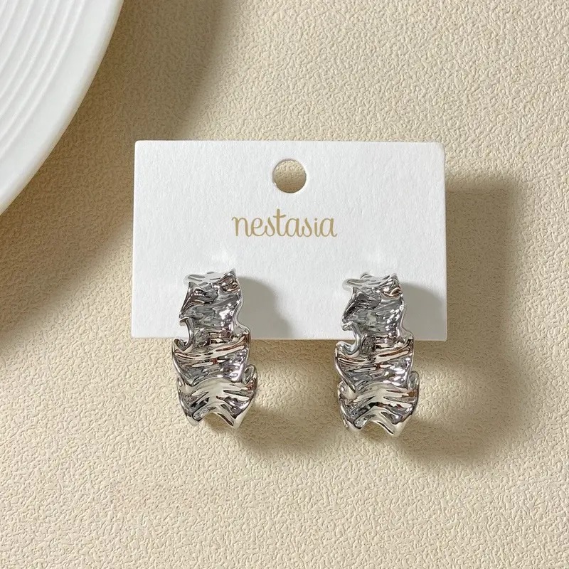 Ruched J-Hoop Silver Earrings 1