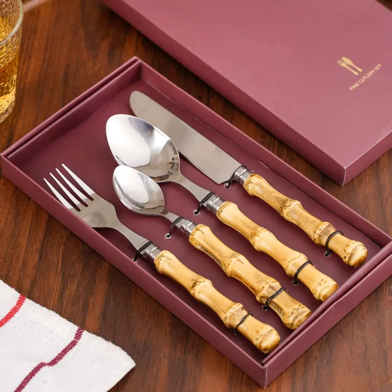 Rustic Bamboo-Inspired Cutlery Set – 4-Piece Stainless Flatware 1