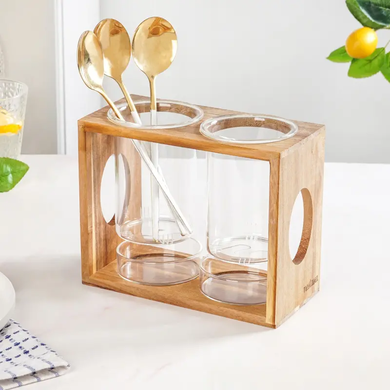 Rustic Wooden Cutlery Organizer With Integrated Glass Holders 1