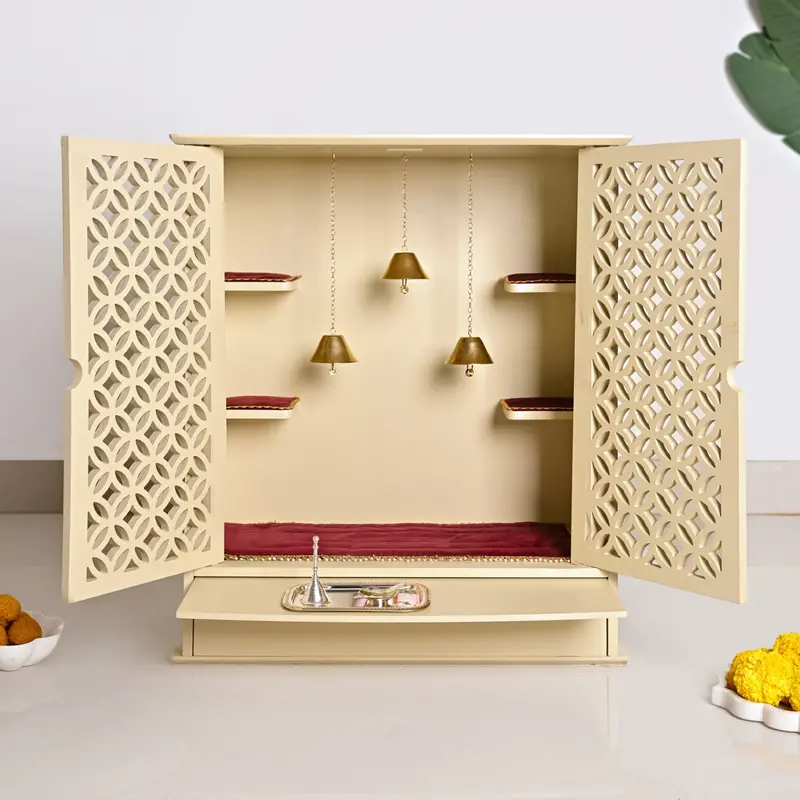 Sacred Large Freestanding Pooja Mandir With Ghanti, Aasan & Puja Thali 1