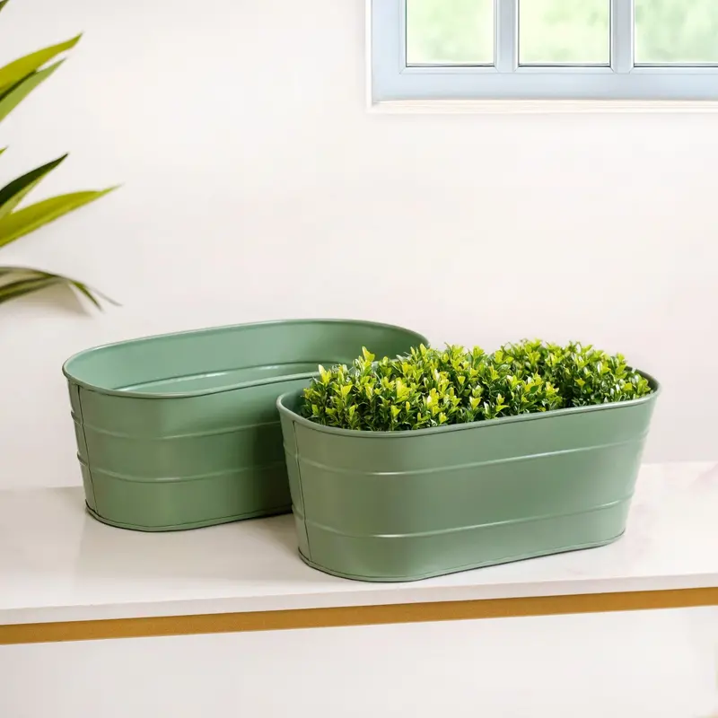 Sage Green Oval Metal Planters – Lined Trough Design (Set Of 2) 1