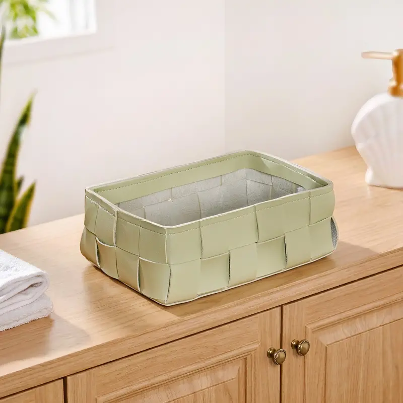 Sage Green Vegan Leather Storage Basket 1