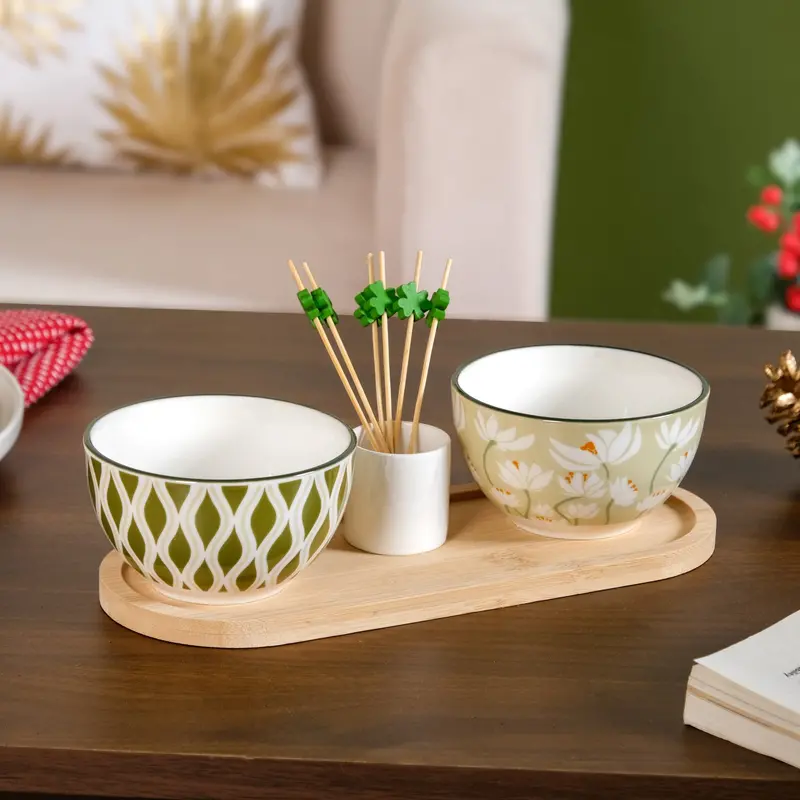 Sage Scape Ceramic Bowl & Tray Set With Toothpick Holder (5-Piece) 1